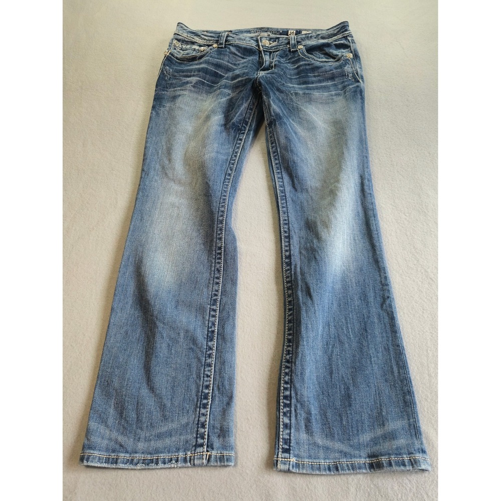 Miss Me Straight Leg Jeans Womens 34 Blue Fleur-De-Lis Embellished JE5340T4R